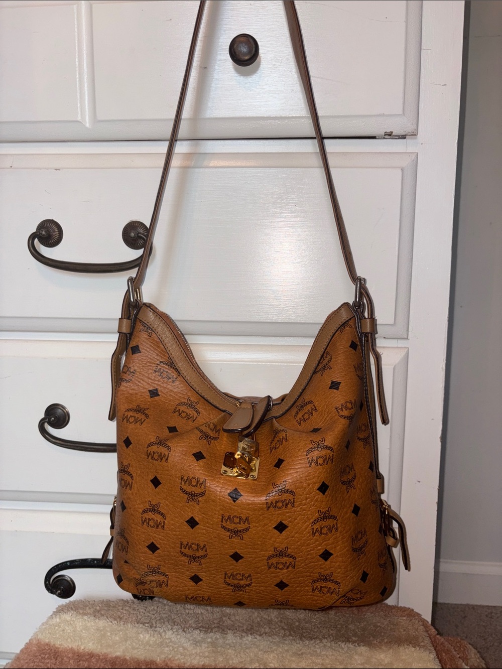MCM Cognac Visetos Logo Hobo Shoulder Bag with lock and key